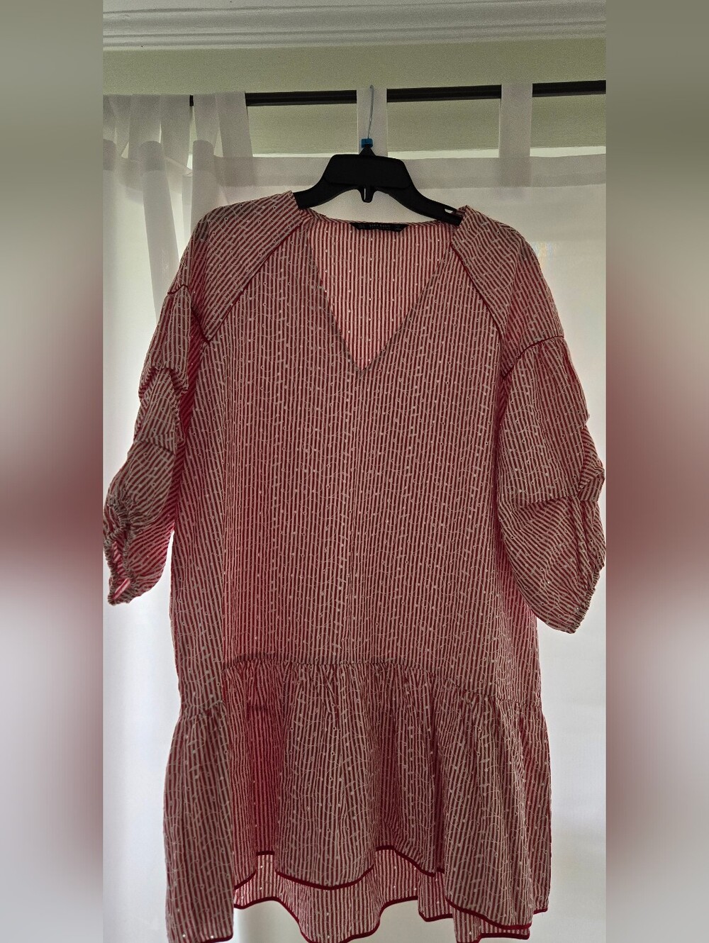Zara Basic Red And White Striped embroidered eyelet tunic dress